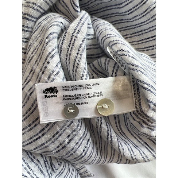 Roots Canada Womens Linen Popover Size XS Blue & White Striped Top Beach Coastal - Picture 8 of 9